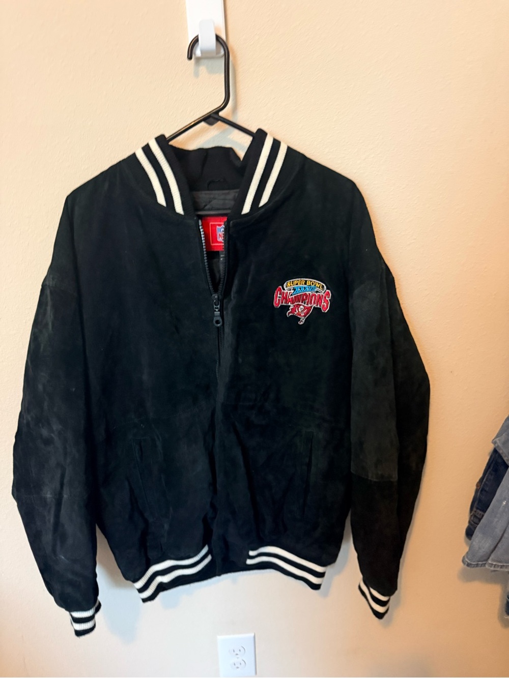 NFL Black Suede Buccaneer Championship Embroidered Logo Jacket Label